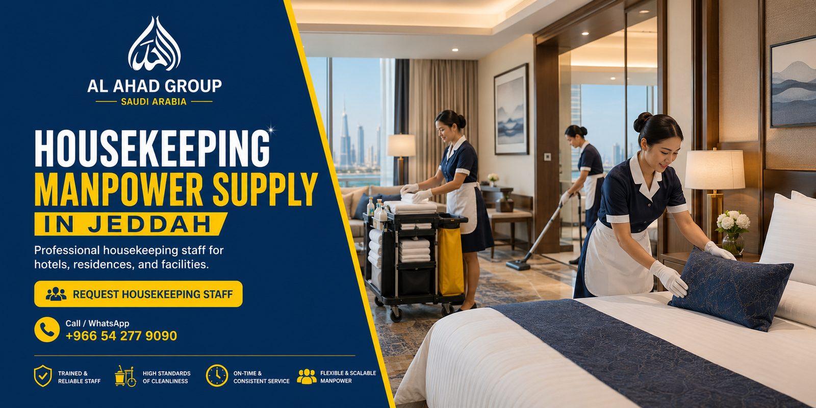 Hotel housekeeping staff supply in Jeddah for guest rooms, public areas and shift continuity